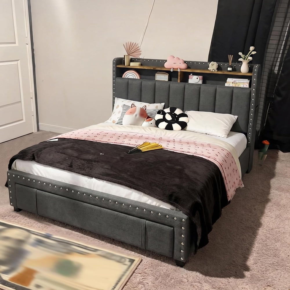 EnHomee Full Bed Frame with 2 Drawers & 2-Tier Storage Headboard Shelf