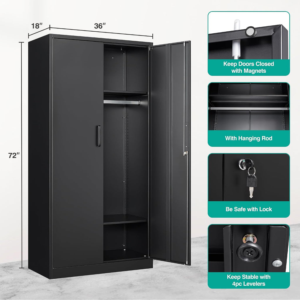 Metal Wardrobe Cabinet with Hanging Rod & Lock,Black Armoire Wardrobe Closet,Metal Clothing Storage Cabinet with Adjustable Shelves and Doors,72" Amroire Storage Cabinets for Home,Living/Laundry Room