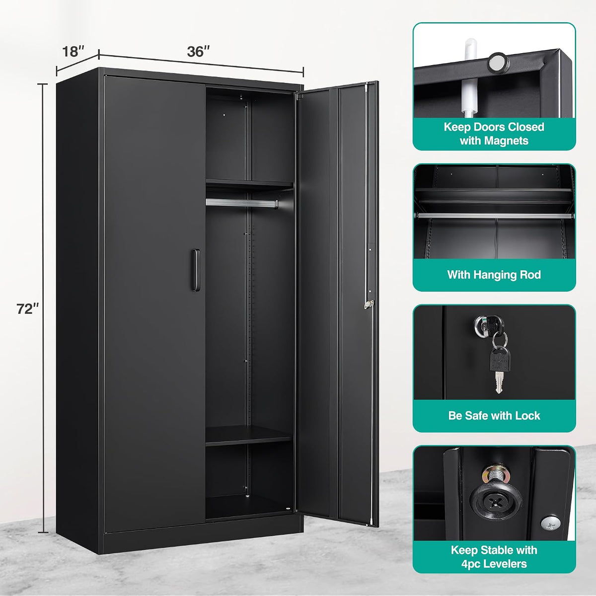 Metal Wardrobe Cabinet with Hanging Rod & Lock,Black Armoire Wardrobe Closet,Metal Clothing Storage Cabinet with Adjustable Shelves and Doors,72" Amroire Storage Cabinets for Home,Living/Laundry Room