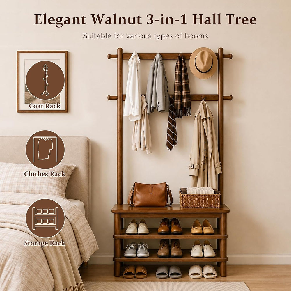 Solid Wood Hall Tree with Bench, Shoe Rack & 11 Hooks 27.2''