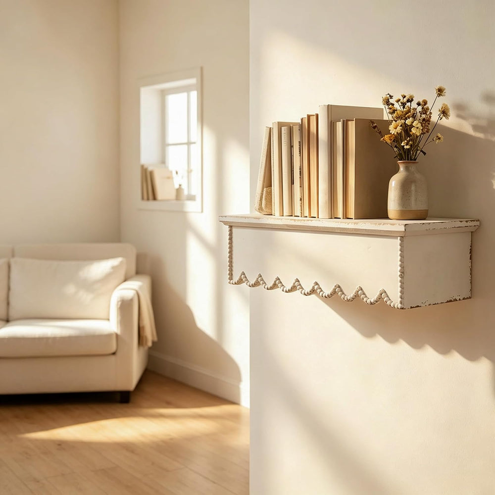 SOFE Rustic Distressed White Scalloped Shelves, Decorative Beaded Edge