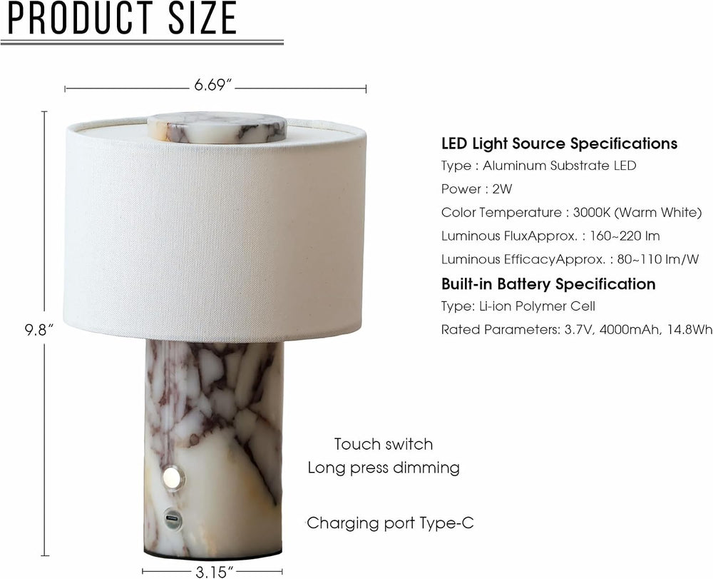 Marble Lamp, Rechargeable Cordless Stone Touch Table Lamp