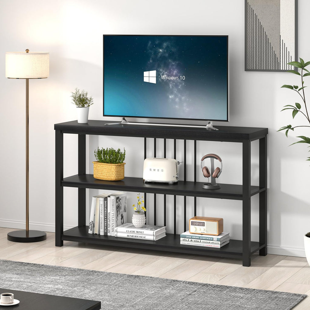 FOLUBAN Entryway Table, Modern Sofa Console Table with 3 Tier Storage Shelf for Living Room Hallway Foyer, Industrial Black Oak