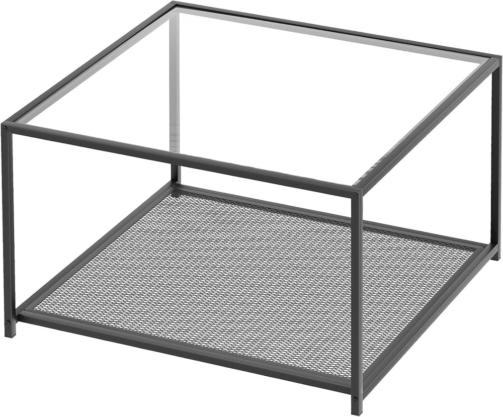 Black Glass Coffee Table, Square Coffee Tables with Storage Shelf, Simple Tea...