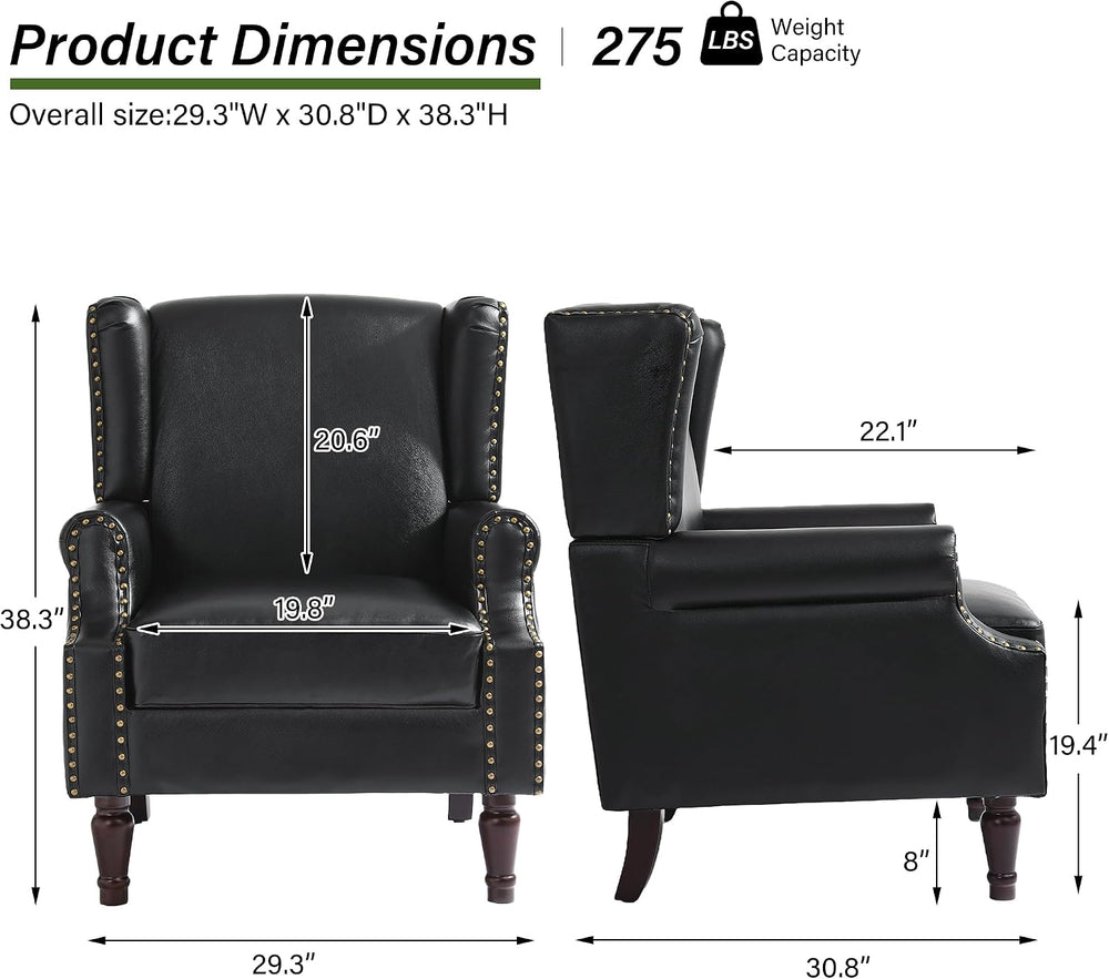 Faux Leather Wingback Accent Chair with Wood Legs, Black, Set of 1