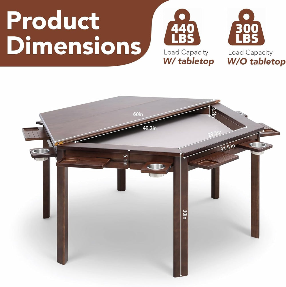 Coperat Hexagonal Solid Wood Game Table with Removable Top for 4-6 Players