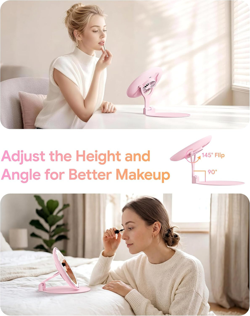 Gospire Foldable Lighted Makeup Mirror with Fan, 3-Speed & 3 Lights, Pink
