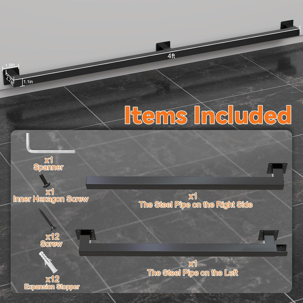 Bar Foot Rail Kit 4ft / 6ft / 8ft, Matte Black Bar Foot Rest Brackets with In...