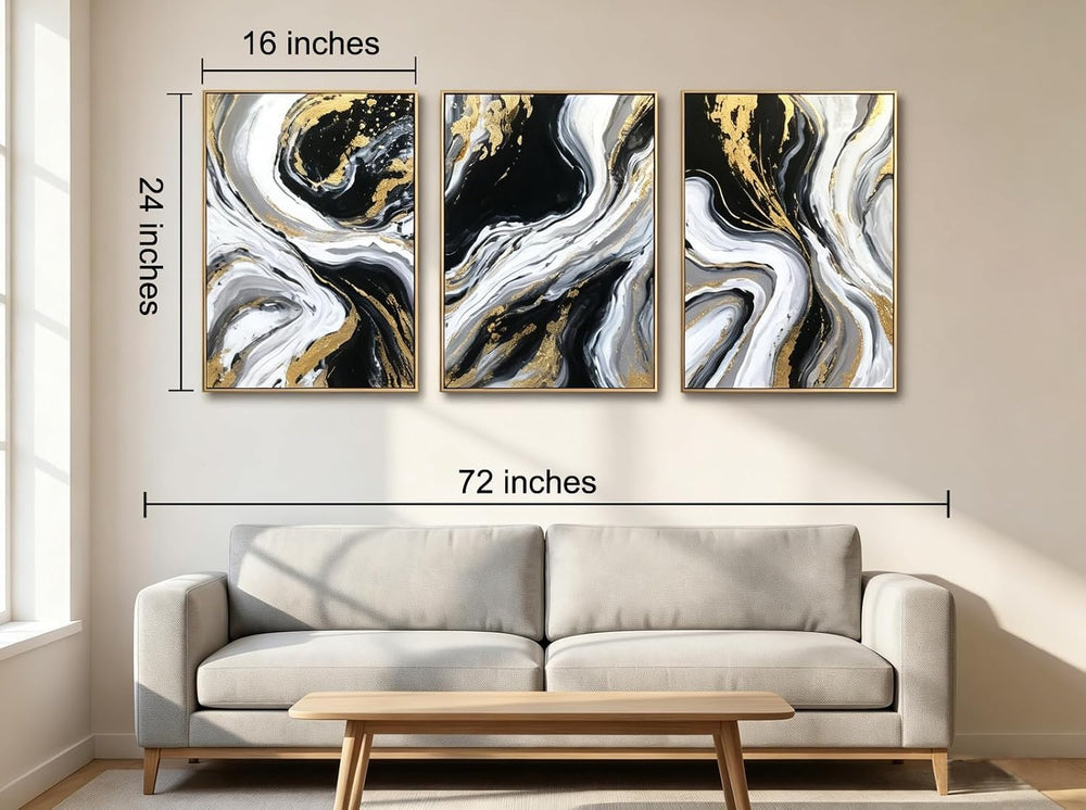 3D Textured Black and Gold Abstract Wall Art for Living Room, Hand Painted Se...