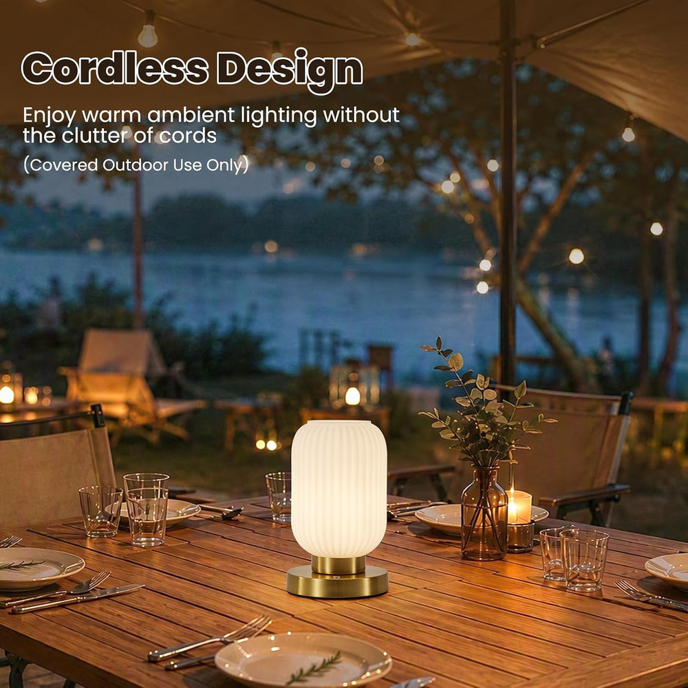 6" MCM Cordless Rechargeable White Glass Table Lamp, Touch Dimmable