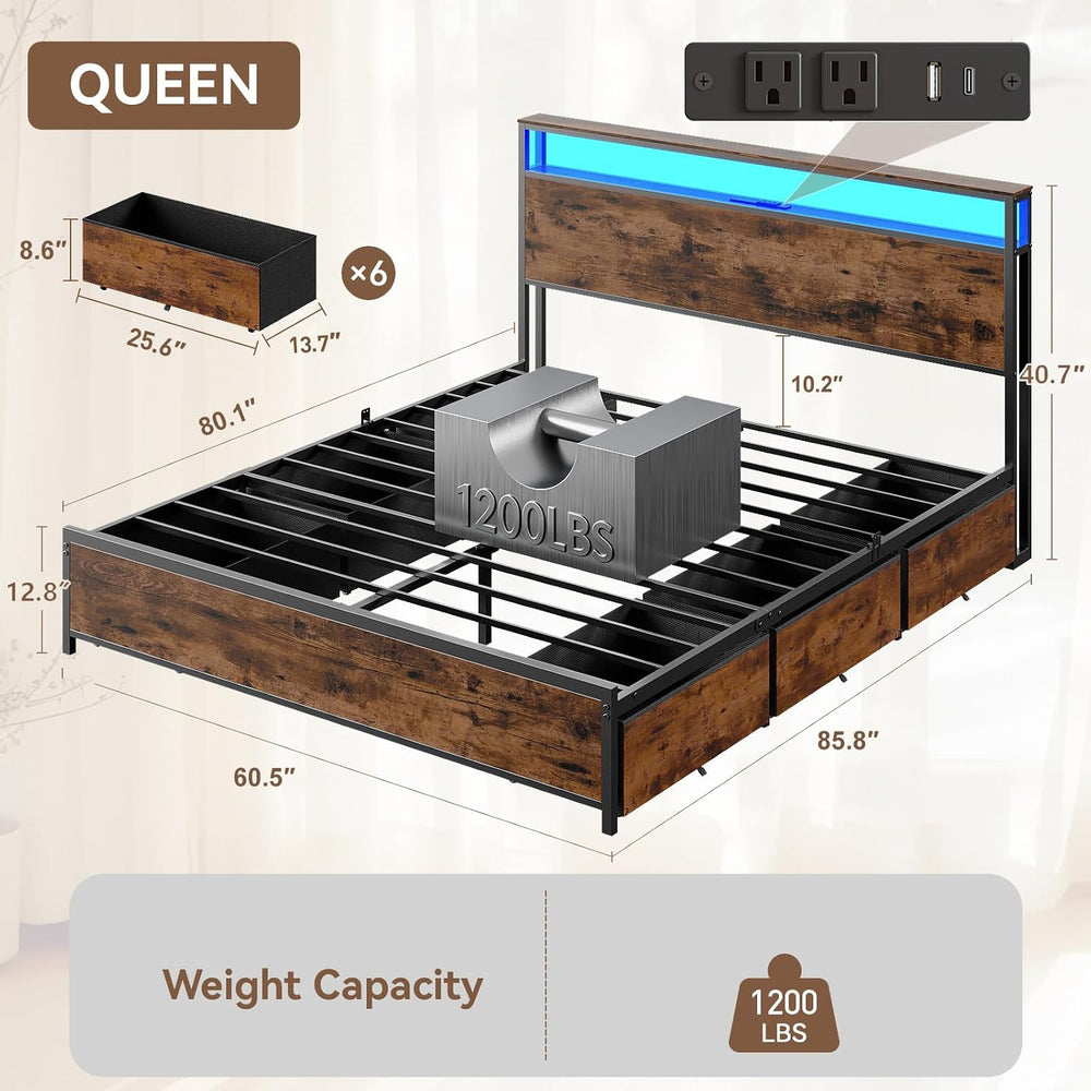 Forestell Queen Bed Frame with 2-Tier Storage Headboard & 6 Drawers