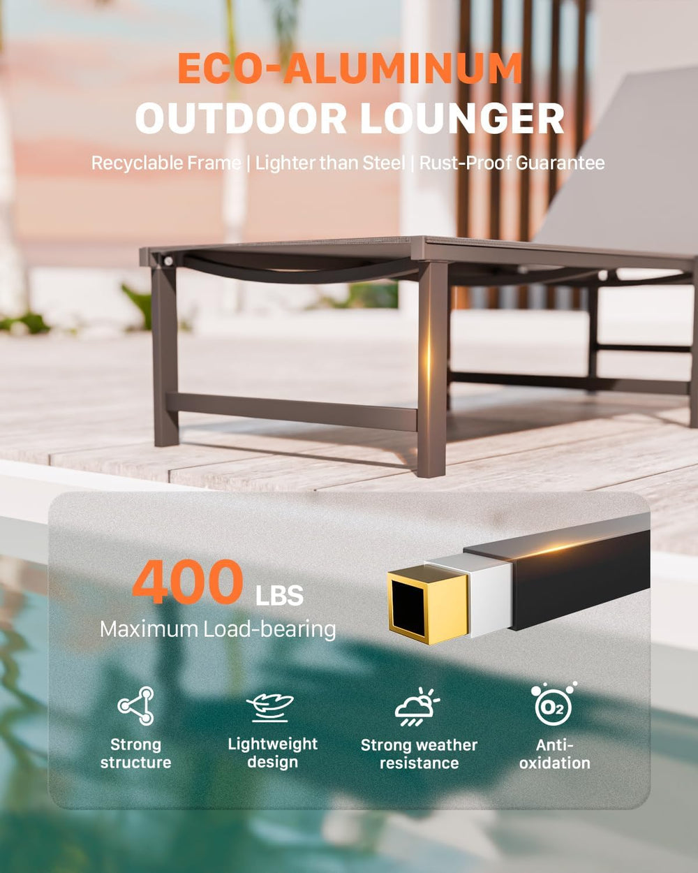 Aluminum Patio Chaise Lounge Chair Outdoor, Grey