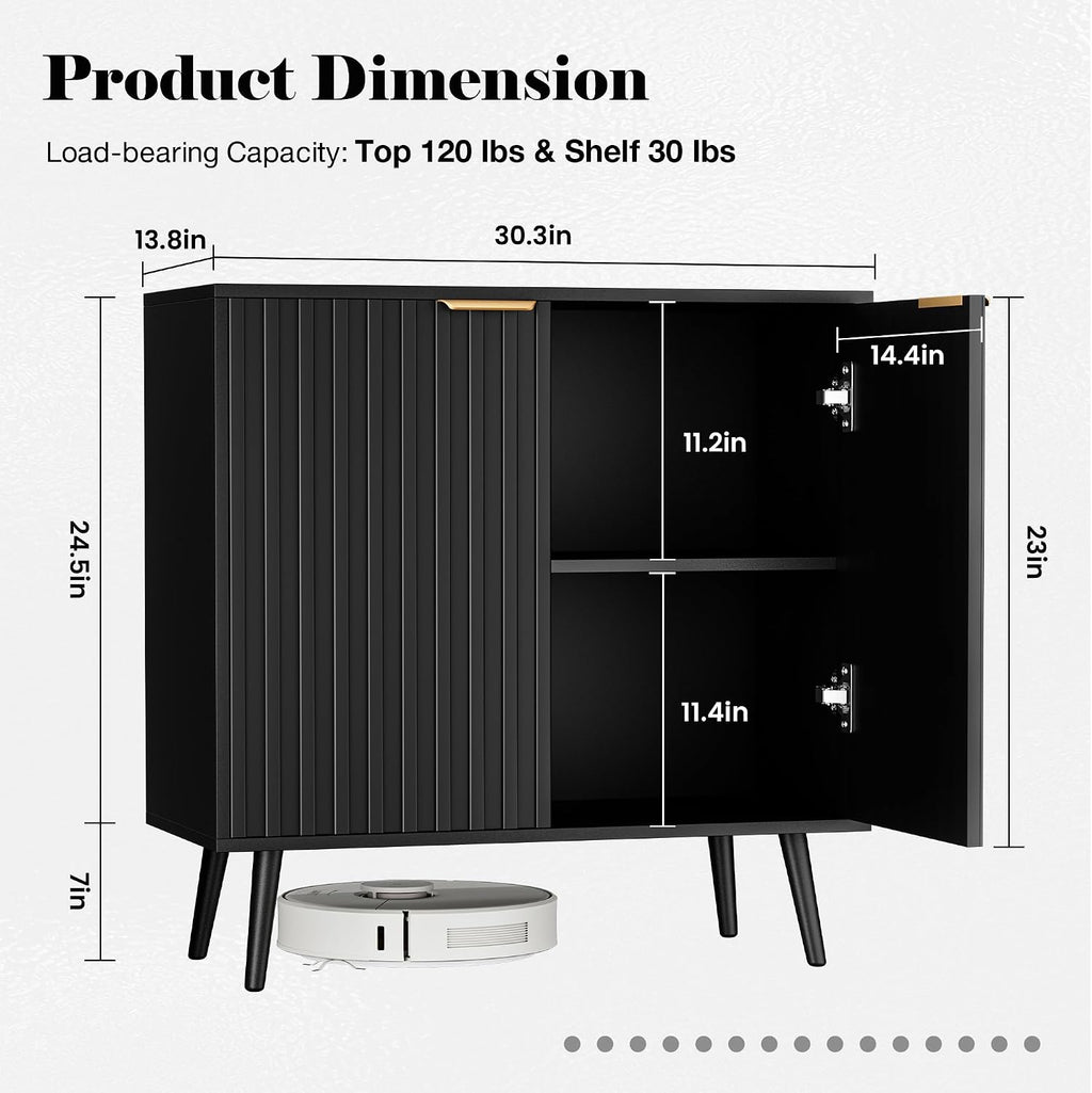 Fluted Storage Cabinet, Buffet Cabinet with Storage, Wood Sideboard with Adjustable Shelf, Modern Accent Cabinet & Console Table for Entryway, Living Room, Dining Room, Black