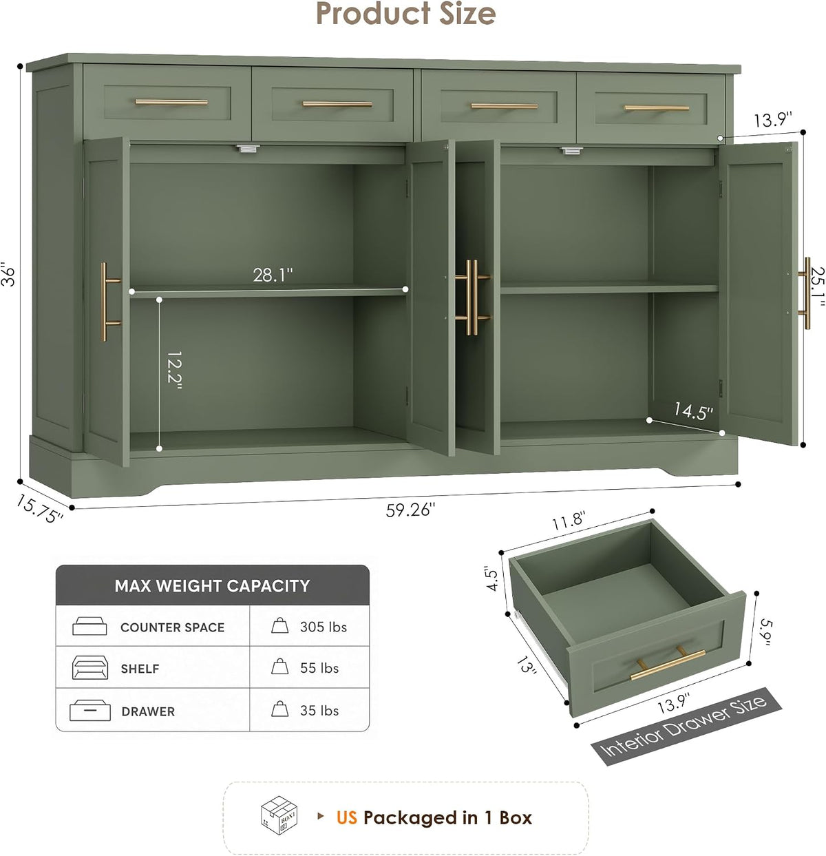 hostack sideboard buffet cabinet with storage, kitchen cabinet, side view