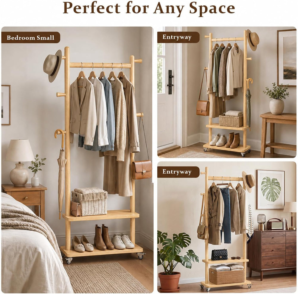 Taitiy Coat Rack Freestanding Solid Wood Clothes Rack with Wheels