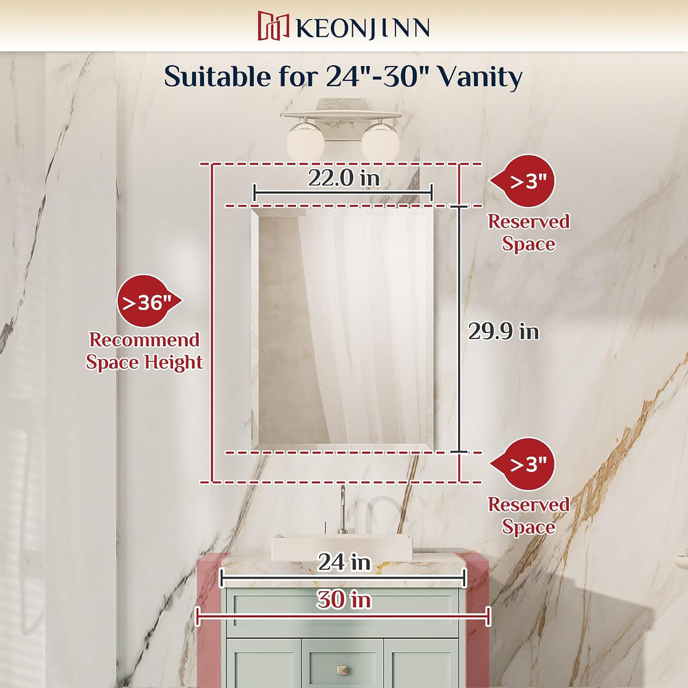 Keonjinn 22 x 30 Inch Frameless Bathroom Mirror for Over Sink, Shatterproof