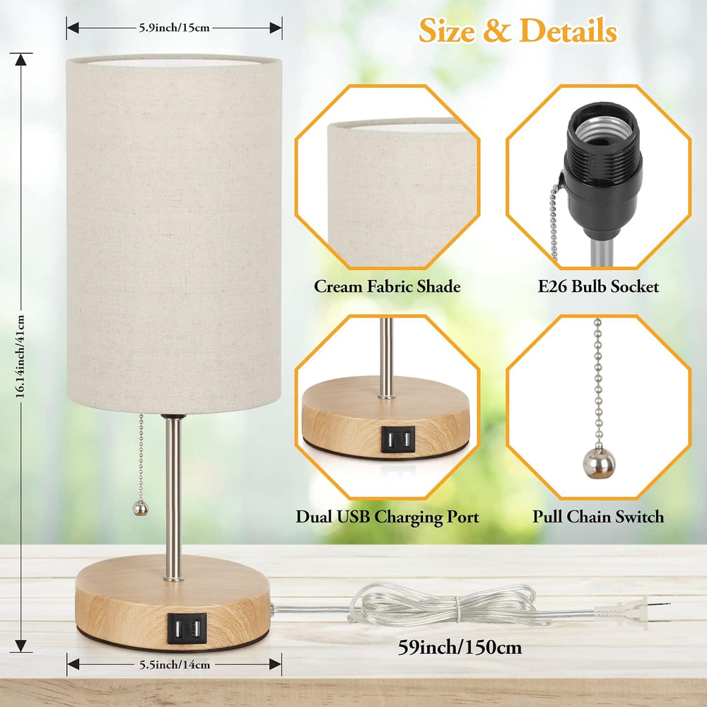 Lakumu Set of 2 Table Lamps, Modern Bedside Desk Lamps with Pull Chain