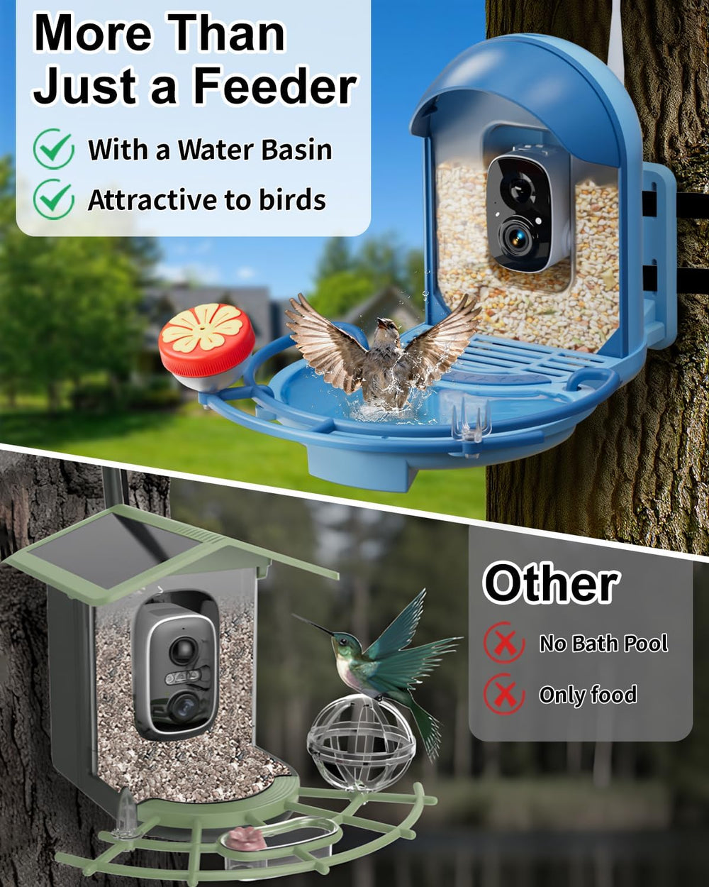 Bird Feeder with Camera, AI Recognition, Bird Bath, Solar Powered