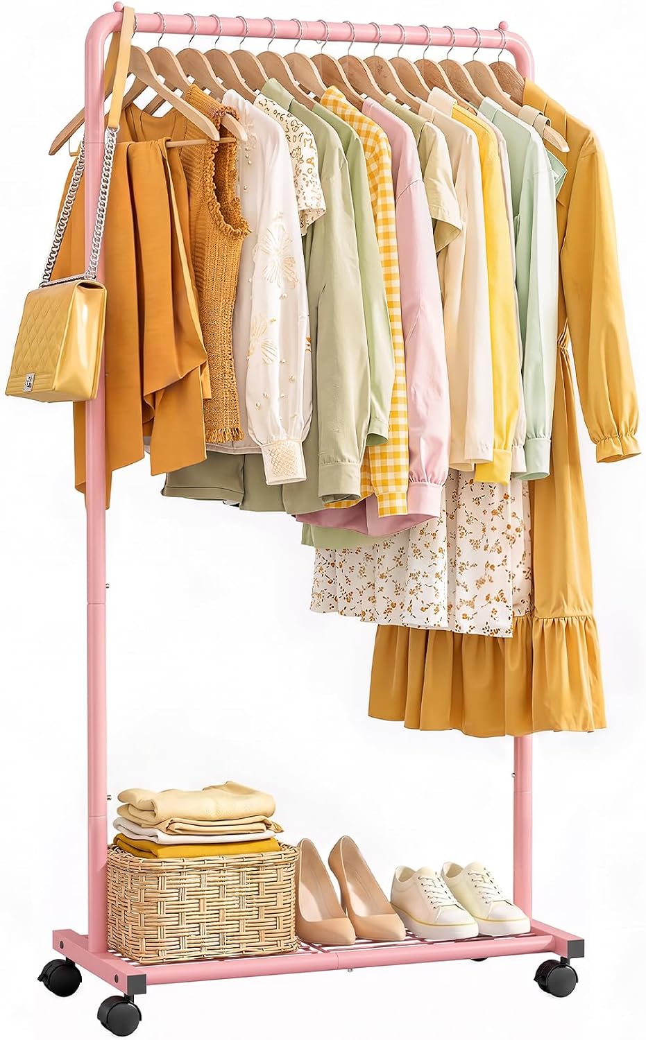 Sakugi Clothes Rack - Clothing Rack with Storage Mesh Shelf & Casters, He...