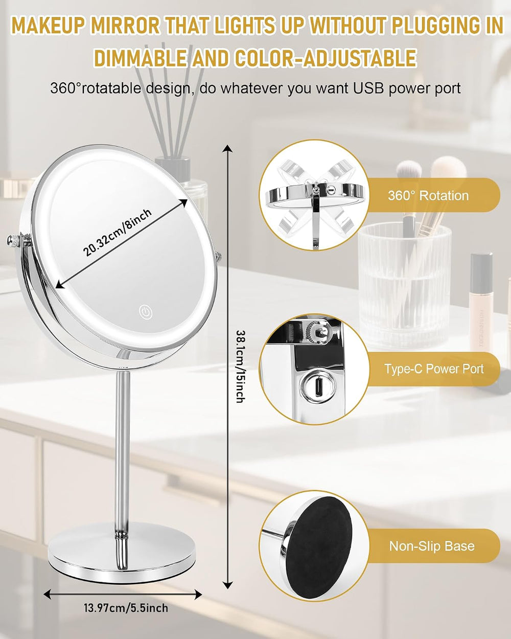 Lighted Makeup Mirror,1X/10X Double Sided Magnifying Mirror,3Color Lights