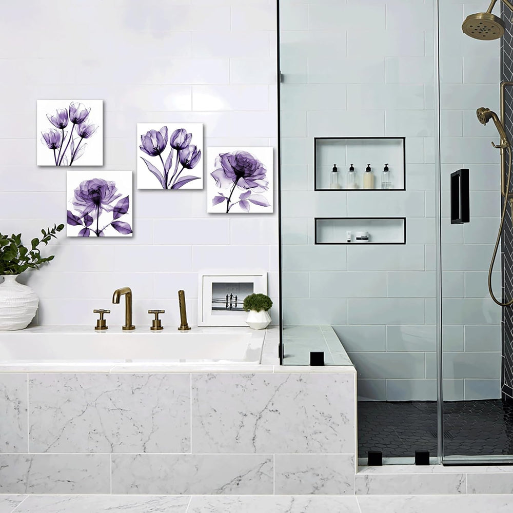 iKNOW FOTO 4pcs X-Ray Purple Flower Wall Art Print Set - Minimalist Floral Pl...