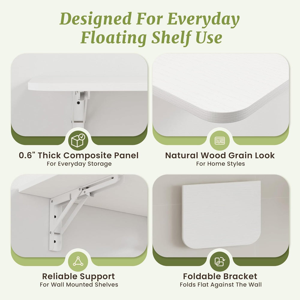 IAE 16 Inch Fold White Floating Wall Shelves, 12 Inch Deep Wood Wall Shelf