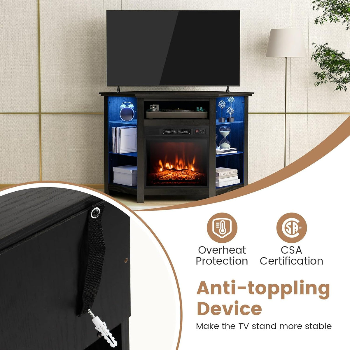 RELAX4LIFE Corner Fireplace TV Stand - Electric Fireplace Entertainment Center w/Heater Insert, LED Lights, APP Control & Adjustable Shelves, Media Console Cabinet for TVs up to 50’’ (Black)