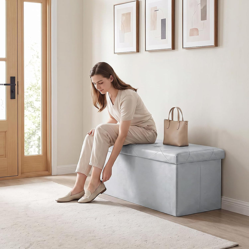 OLIXIS 30 Inch Foldable Storage Ottoman Bench, Leather Ottoman with Storage