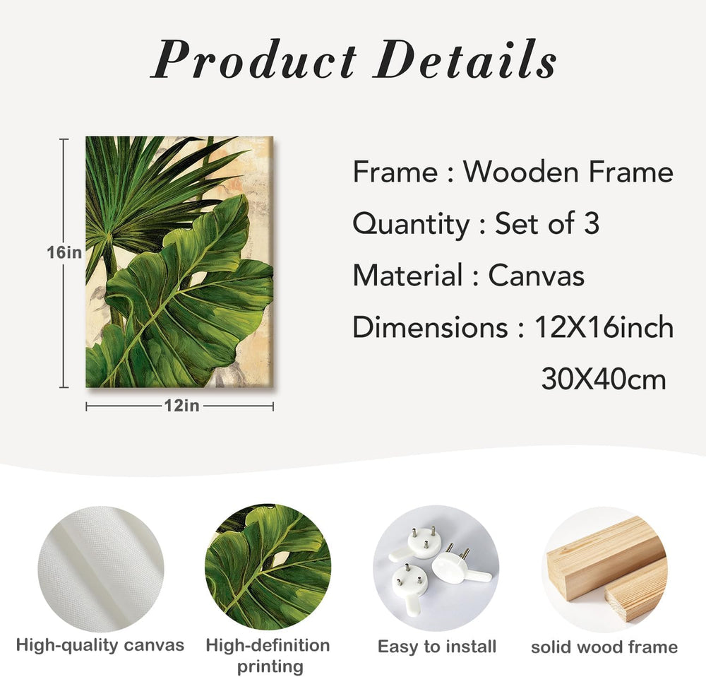 3 Pcs Palm Tree Leaf Canvas Wall Art Tropical Plants Wall Decor 12x16 Inch