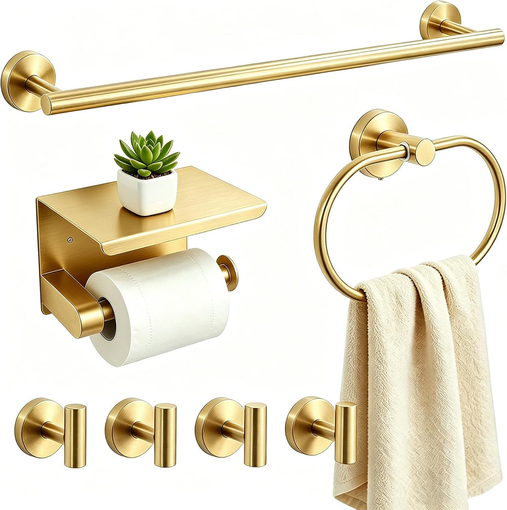 7-Piece Bathroom Hardware Accessories Set, SUS304 Towel Bar, Gold