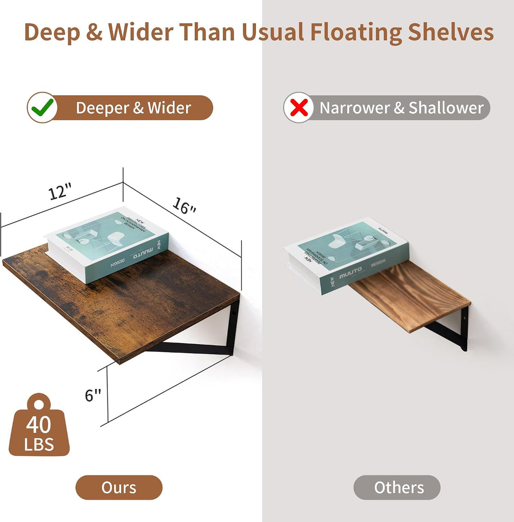Axeman Deep Floating Shelves for Wall, 16W x 12D Rustic Wood Wall Shelves Set...