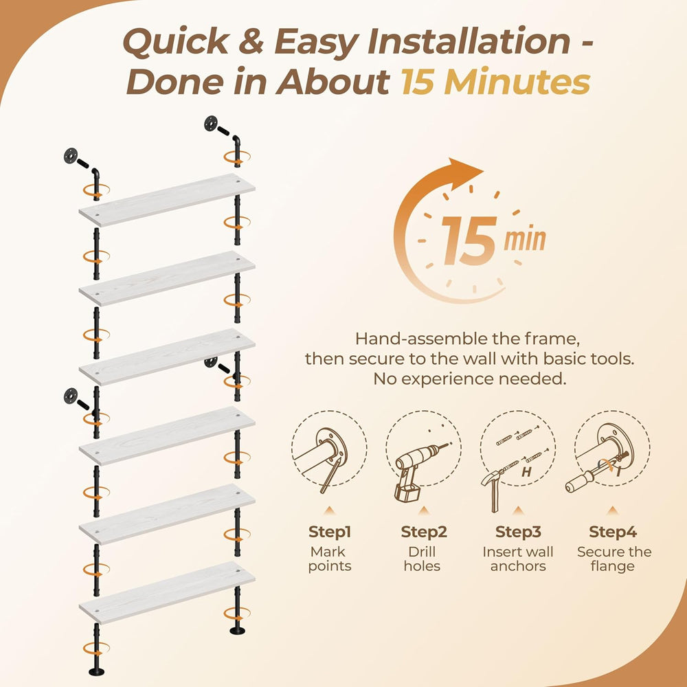 Industrial Pipe Bookshelf, Wall Mounted Shelf, 48 Inch, White