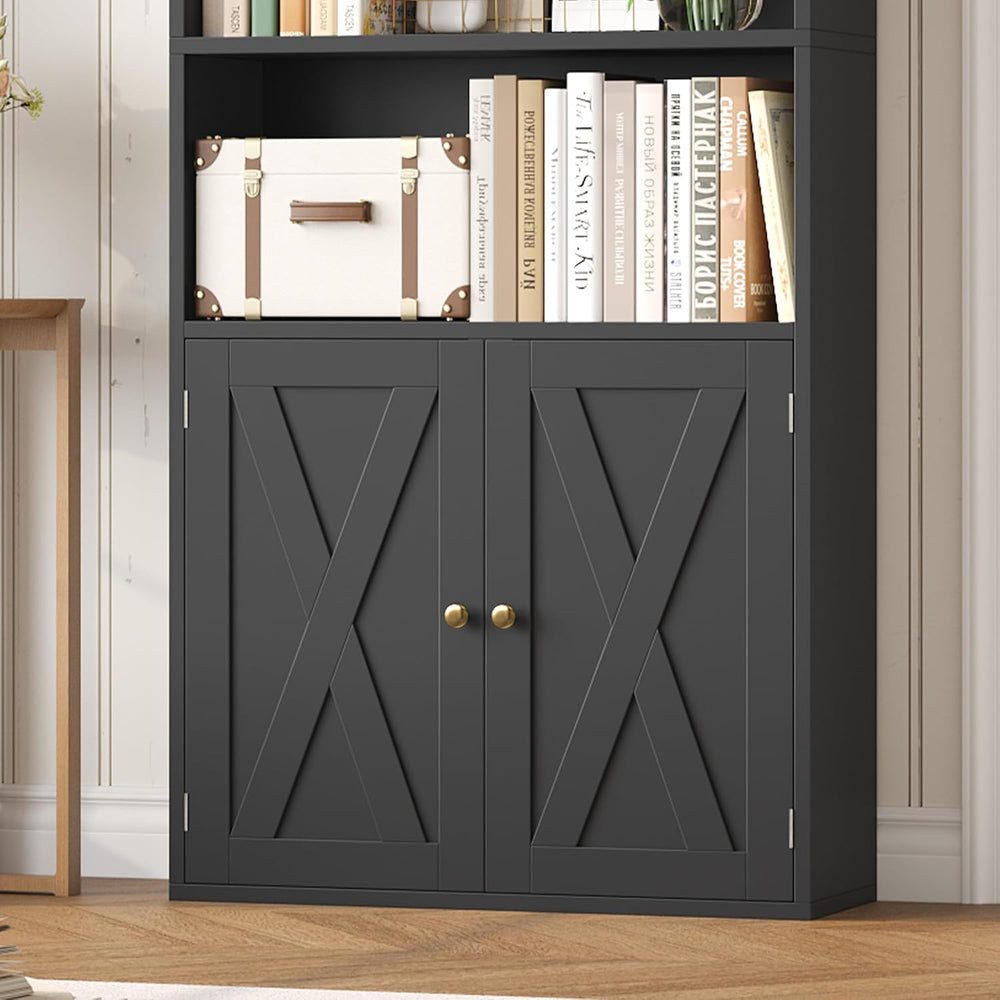 FACBOTALL 82" Tall Bookcase, Farmhouse Bookshelf with Doors, Black