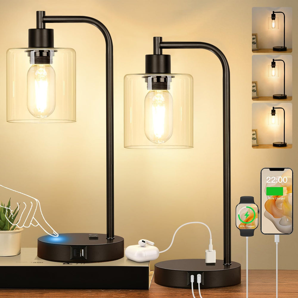 Set of 2 Industrial Touch Control Table Lamps with USB C+A Ports and AC Outle...