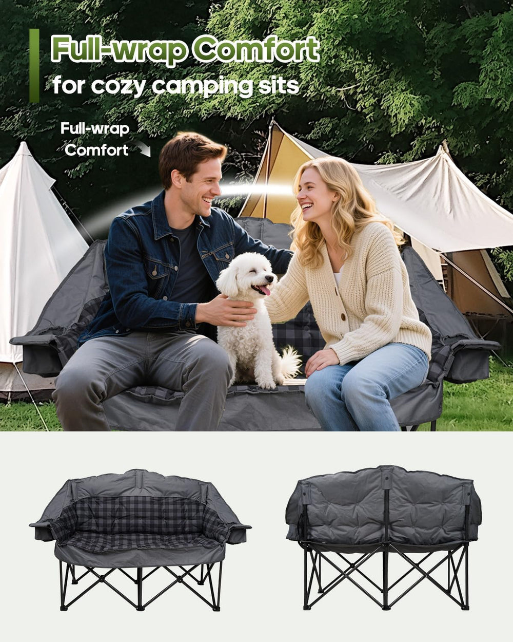 Padded Double Camping Chair Loveseat Oversized Camping Couch, Gray