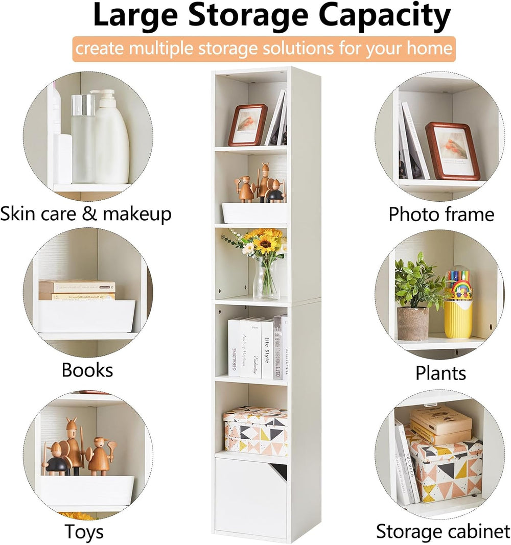 IBUYKE 6 Tier Narrow Bookcase with Doors,Display Bookshelf,White WBC001W