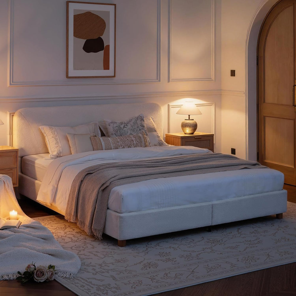 King Size Cloud Bed Frame, Boucle Wood Upholstered Platform Bed, Cream
