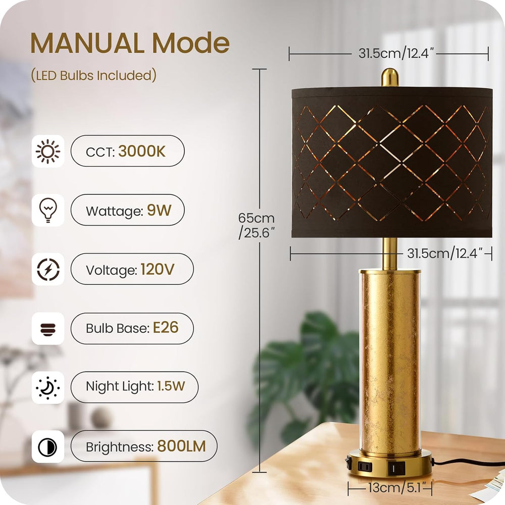 25.6" Black Table Lamps Set of 2, Tall Bedside Lamps with Nightlight, Mo...
