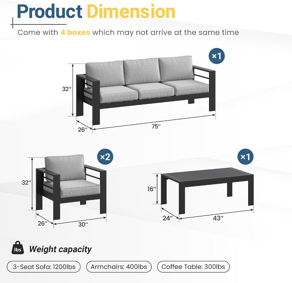 Patio Furniture Set, Aluminum Outside Furniture, Sofa with 10" Back Cushion
