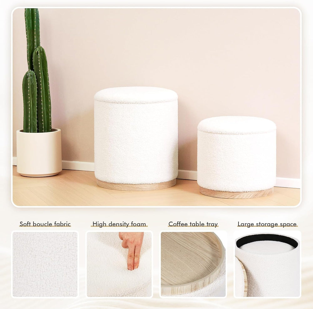 PINPLUS Round Storage Ottoman Set of 2, Cream Boucle Stools with Tray