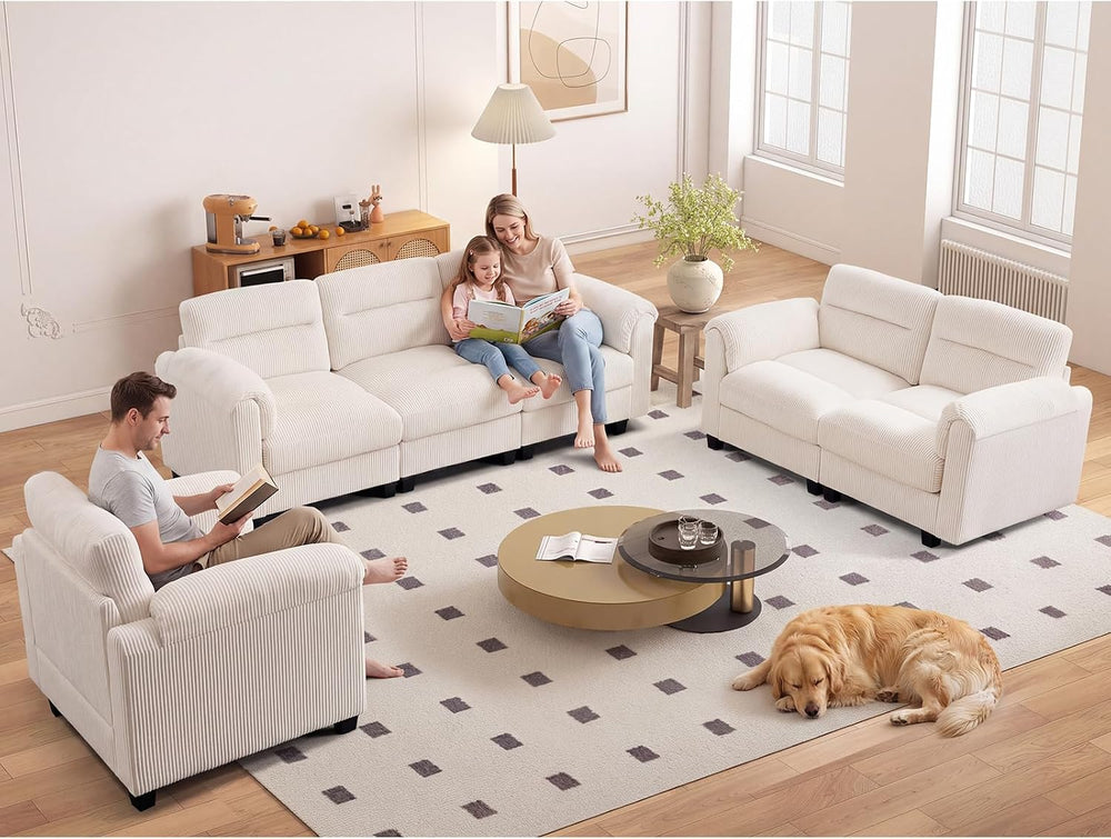 HAOMARKETS Corduroy Sofa Set, Upholstered Ottoman Footrest, Modern Living Roo...