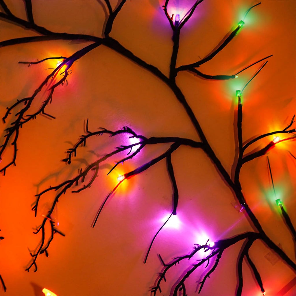 9Ft 72 LED Halloween Willow Vine Twig Garland with Lights - 8 Modes & Timer, Orange,Purple and Green, Waterproof Battery Operated for Mantle, Wall, Fireplace, Indoor Halloween Decorations