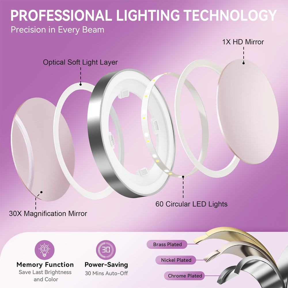 Auxmir 9" 5000mAh Magnifying Mirror, 1X/30X Lighted Makeup Mirror, Chrome