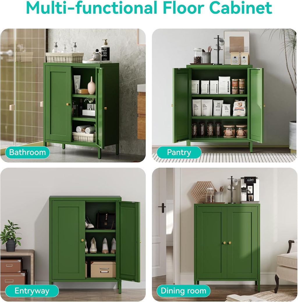 Small Metal Storage Cabinet, 23.6" Wide Bathroom Cabinet with 2 Adjustable Shelves, 3-Tier Shaker Sideboard Storage Unit for Entryway Living Room Kitchen,Forest Green