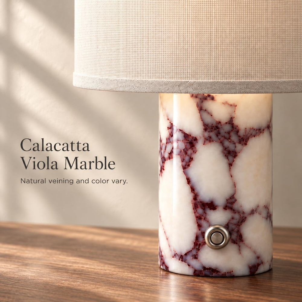 Cordless Marble Table Lamp, Calacatta Viola, White Linen Shade