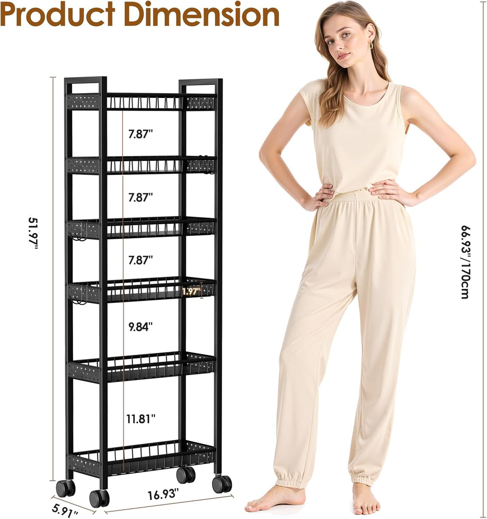 6 Tier Slim Storage Cart, Narrow Rolling Cart with Wheels, 6in(W)