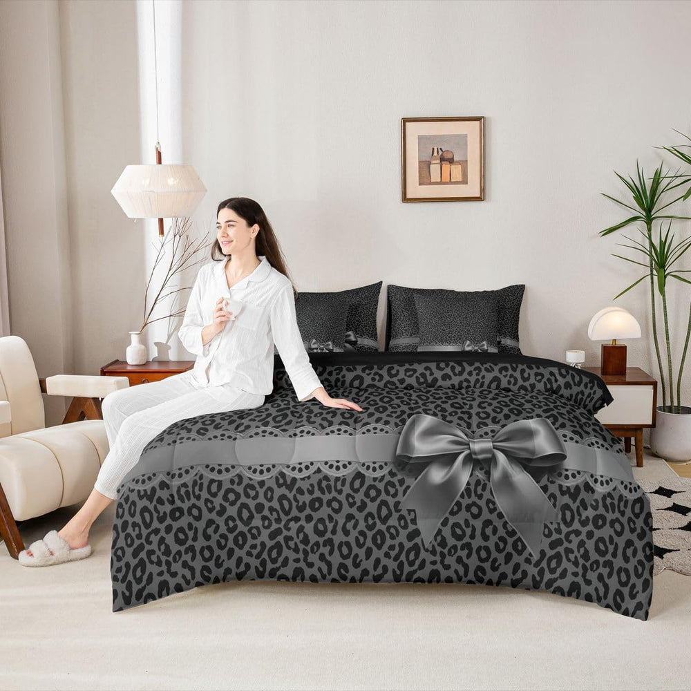 Erosebridal Leopard Print Comforter Set Queen 7 Piece Bowknot Black Cheetah