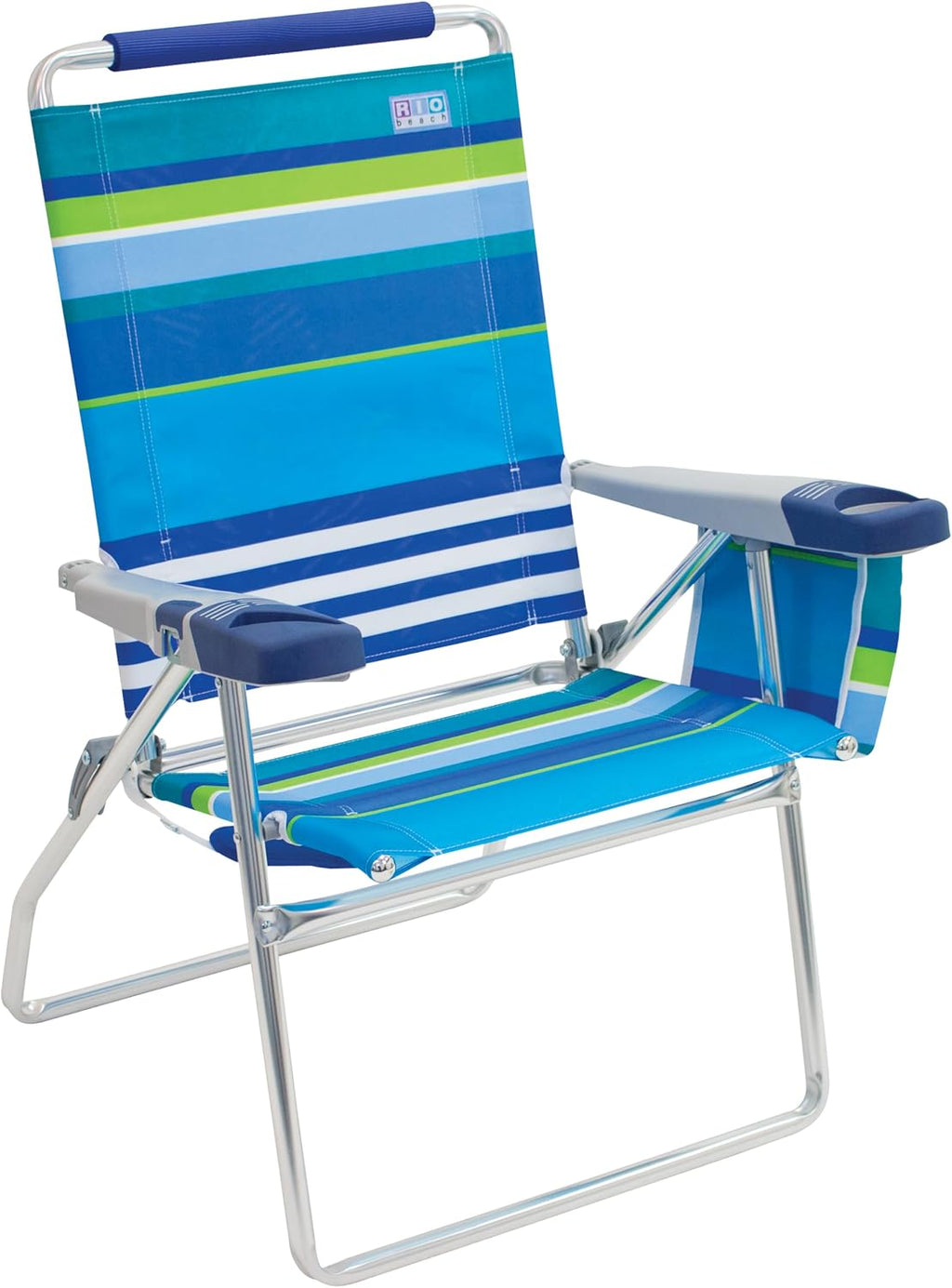 Rio Brands 17" Extended Height 4-Position Folding Beach, Camping, Lawn Chair, Blue/White/Green