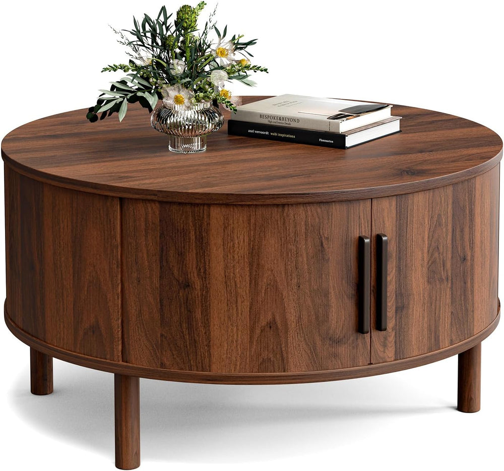 ZttRiee Round Coffee Table with Sliding Doors, Mid-Century, Walnut