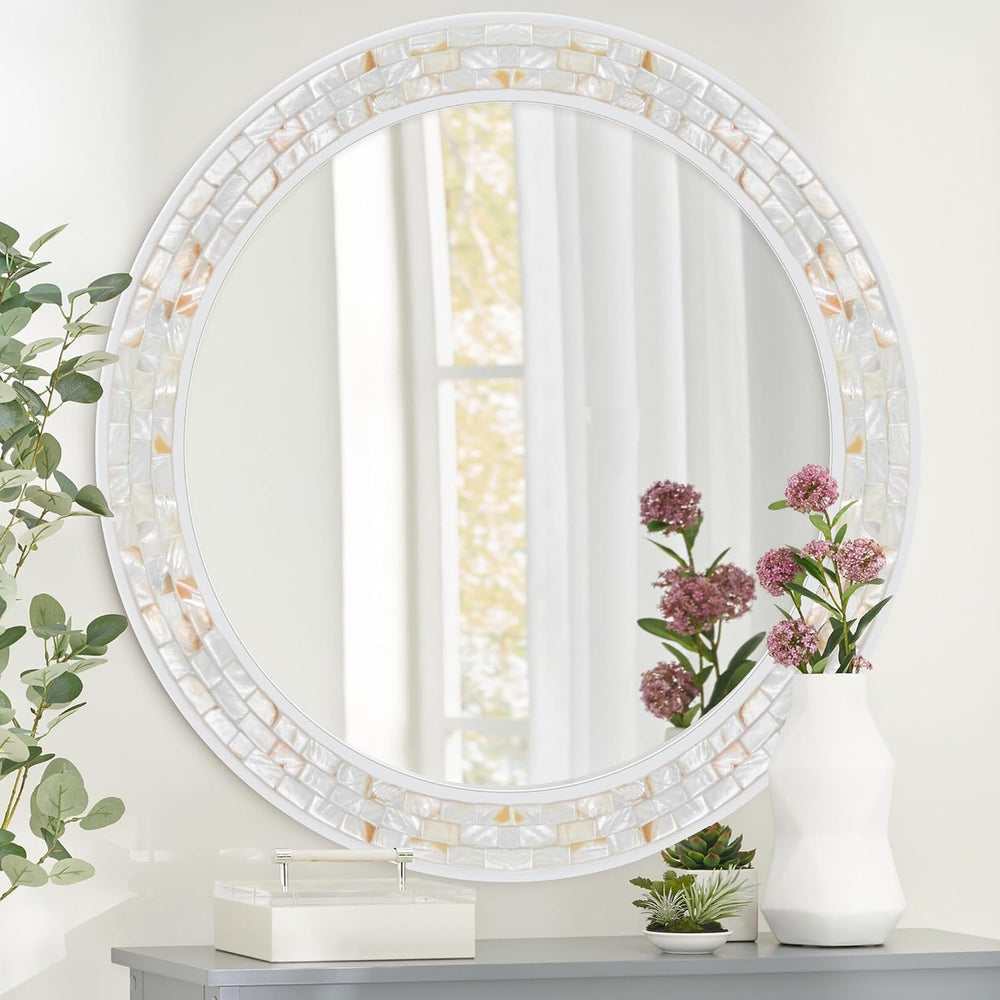 Tanmicoshomy Round Bathroom Mirror 30 Inch with Coastal Mosaic Shell Frame